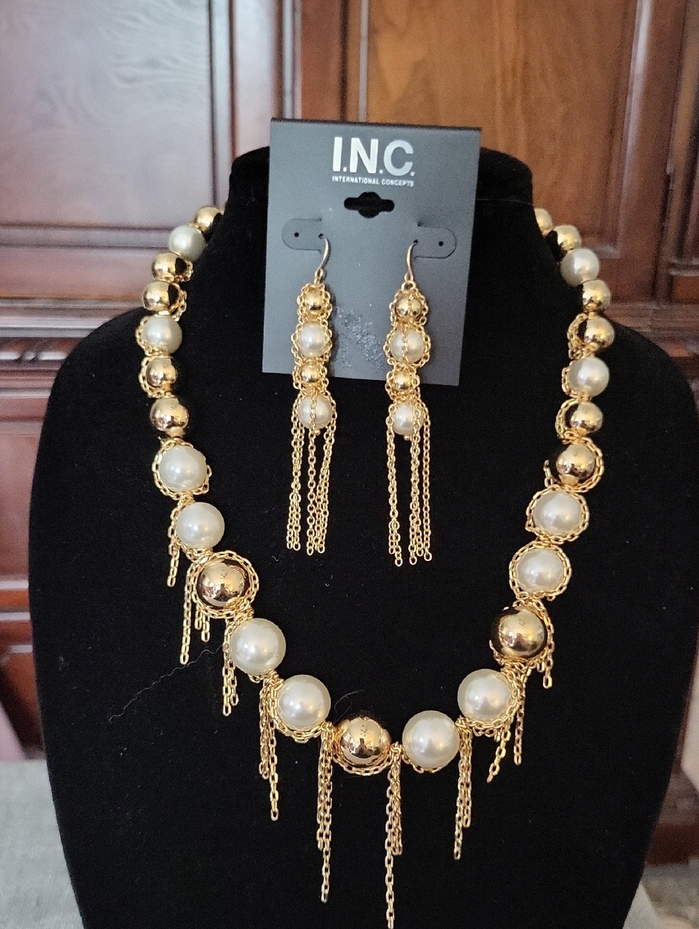 INC Gold & Faux Pearl Statement Necklace with Matching Earrings